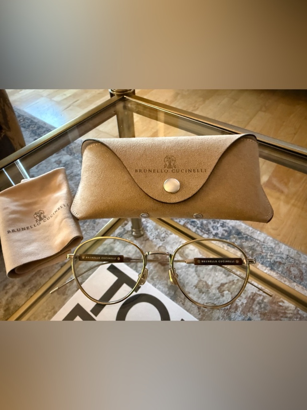 Brunello Cucinelli Gold Frame Glasses with Tan Suede Case